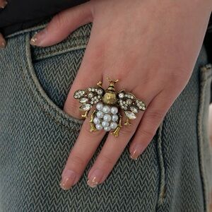 🆕 Gold Bee Cocktail Ring with Pearl and Crystal Accents - Women Jewelry